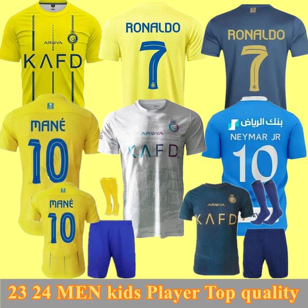 Al Nassr FC 23 24 Futbol Jersey Kit 2023 2024 Al-Hilal SFC Saudi Futbol Forması Ev Oyuncu Versiyonu Al-Ittihad Kids Ronaldo Set Neymar Jr Benzema Mane Cr7 Üçüncü Maillots