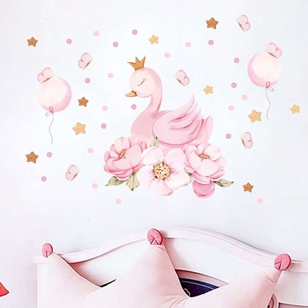 Pintura à mão aquarela macia rosa cisne flores adesivos de parede para quarto das crianças quarto da menina casa decalques decorativos murais