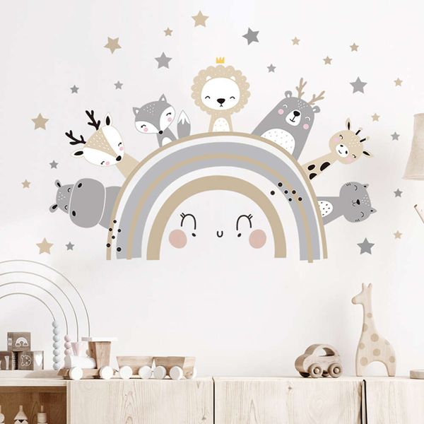 Adesivos de parede com estrelas e arco-íris, desenhos animados, animais fofos, para quarto de crianças, berçário de bebê, girafa, hipopótamo, gato, decoração de casa, faça você mesmo