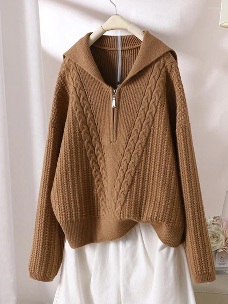 Maglioni da donna Autunno e inverno Solido colletto blu scuro Cerniera Pasta fritta Torsioni Pullover Maglione Allentato Corto coreano