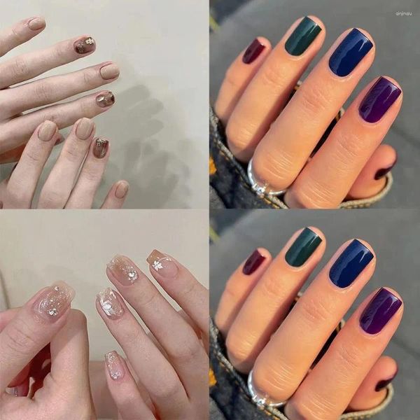 Unhas Falsas Moda Francesa Curto Redondo Flores Brancas Falso Cobertura Completa Dicas de Unhas de Cor Sólida para DIY