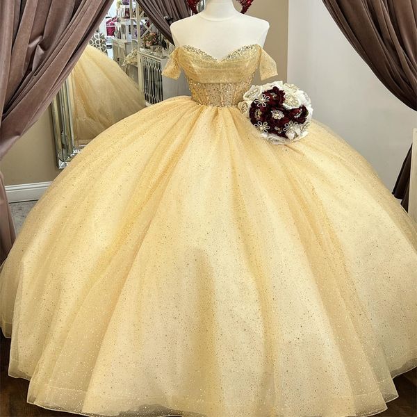 Желтые блестящие платья Quinceanera для девочек 16 лет, бисер, кристаллы, милая принцесса, бальные платья длиной до пола, Tull Vestidos 15 de