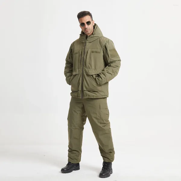 Fatos masculinos inverno super quente calças táticas conjunto militar parkas ao ar livre à prova de vento ternos impermeáveis multi-bolso jaquetas com capuz grosso