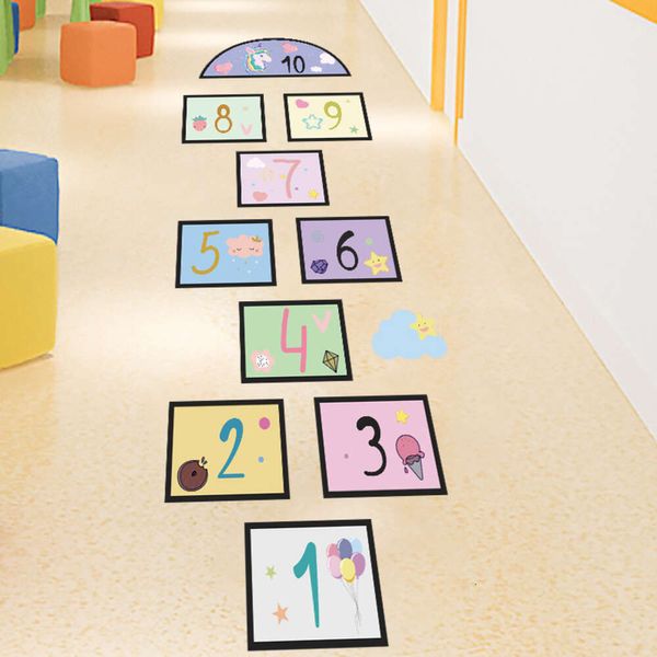 Cartoon Macaron Numbers Hopscotch Bambini Gioco Adesivi da pavimento Unicorni colorati Adesivi murali Divertente Camera da letto Soggiorno Decalcomania fai da te