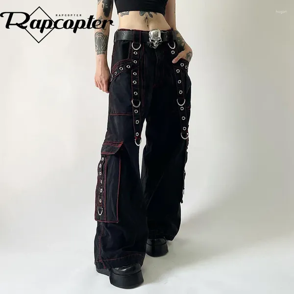 Jeans femininos Rapcopter Black Bandage Cargo vintage Gothic Punk Big Pockets Troushers Grunge estético calças de rua de metal harajuku