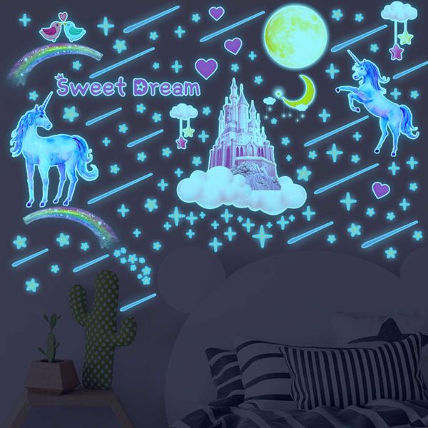 Adesivos de parede luminosos com luz azul, 4 folhas, castelo, unicórnios, lua e estrelas, decalques de parede de quarto de meninas, adesivos decorativos de sonho doce