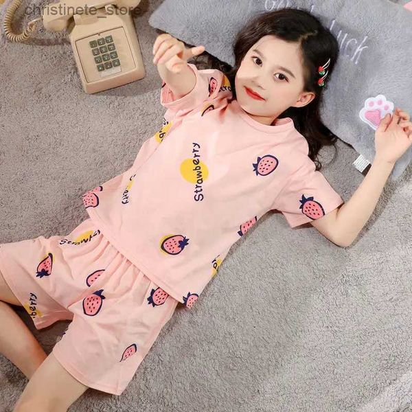 Pijama Yaz Çocuk Pijamaları Kısa Kollu Pijama Çocuk T-Shirt+Şort 2 PCS Karikatür Pijamaları Kızlar Erkekler Bebek Sweatwear Nightwear