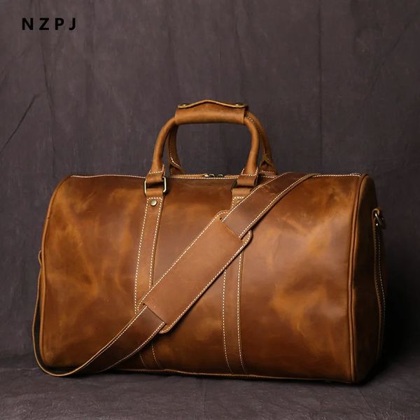 Duffel-Taschen Retro Leder Herren Reisetasche Verrückte Pferde Leder mit großer Kapazität Gepäckbeutel Top-Schicht Cowide Männer tragbare diagonale Tasche NZPJ 231214