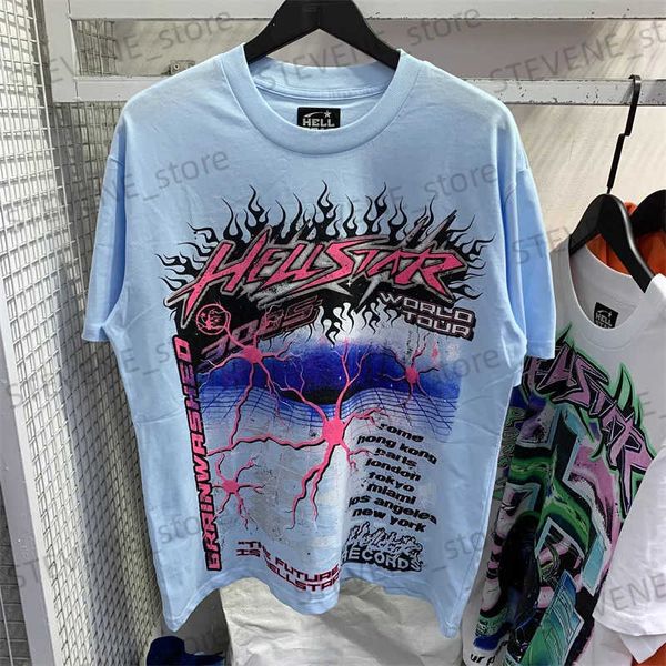 T-shirt da uomo Hellstar New Rap Surrounding T-shirt Lightning Print Visual Effect High Street Cotton Top manica corta T231214