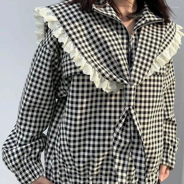 Damenjacken Spitze Patchwork Falscher Schal Marinekragen Multijacke Frauen College-Stil Designermode Plaid Schwarze Mäntel 2023 Frühling