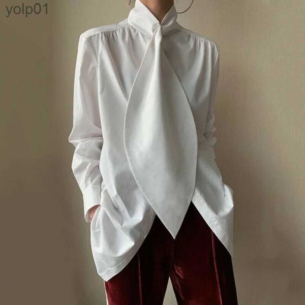 Kadınlar bluz gömlekleri asy şık siyah beyaz düz renk uzun sles yüksek boyun bluzları gevşek fit ofis gömlek üstleri kentsel kadınlar için 2023 newl231214
