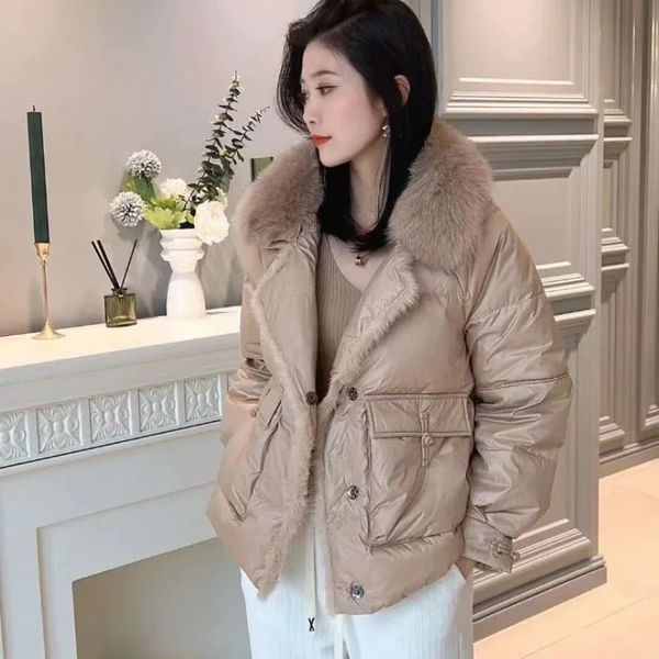 Frauen Daunen Parkas Winter Frauen Große Pelz Kragen Jacke 2023 Gespleißt Nerz Kurze Tasche Elegante Mantel Winddicht Warm 231214