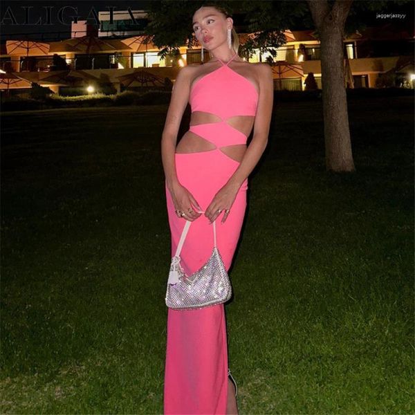 Freizeitkleider Damen Elegant Halfter Ausgehöhlt Rosa Partykleid Sexy Schnürung Rückenfrei Hochgeschlitzt Lang Abend Streetwear Sommer 2023