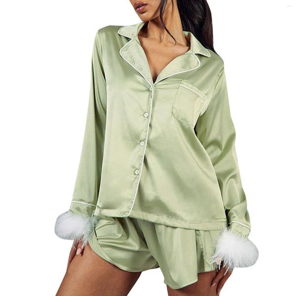 Mulheres sleepwear pijamas de seda mulheres fuzzy manga macio cetim botão para baixo loungewear 2 peça shorts conjunto de pelúcia nightwear sexy sleepshirts