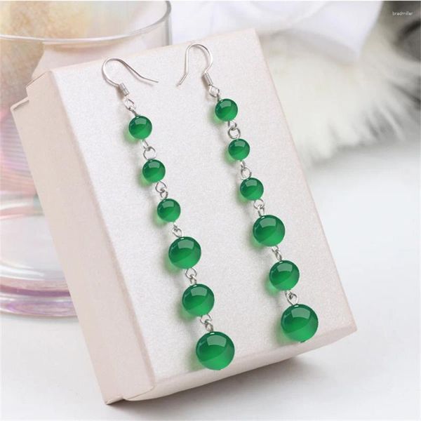 Brincos pendurados com miçangas de jade verde natural, brinco longo para mulheres, gancho pendurado na moda, joias de presente para meninas vintage