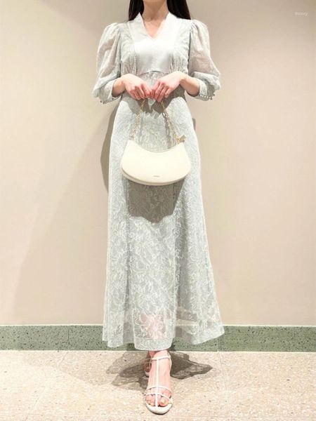 Casual Kleider Vintage Elegante Japan Stil Chic Schlanke Taille Vestidos Frühling Sommer Roben V-ausschnitt Puff Hülse Spitze Haken Blumen Kleid für Frauen