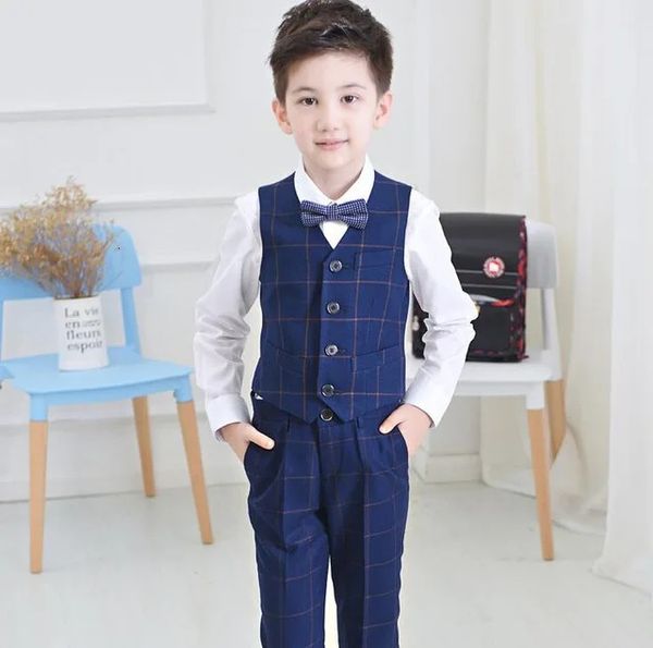 Abiti per bambini Completi per bambini Blazer per ragazzi Plaid formale per bambini abiti da sposa per ragazzi Completi per prestazioni reticolo blu 4 pezzi 231213