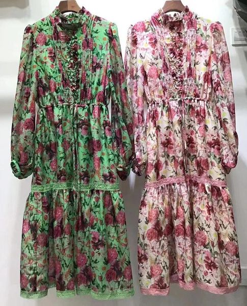 Lässige Kleider Top Qualität 2024 Frühling Sommer Kleid Frauen Charming Blumendruck Spitze Stickerei Langarm Mittelkalb Grün Rosa XL