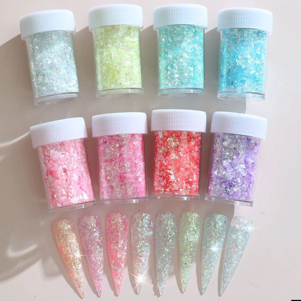 Unghie finte 8 colori Lridescenza Ultra sottile potenziamento delle unghie Glitter fai da te Colla a goccia Festival Paillettes decorative Frammenti 231213