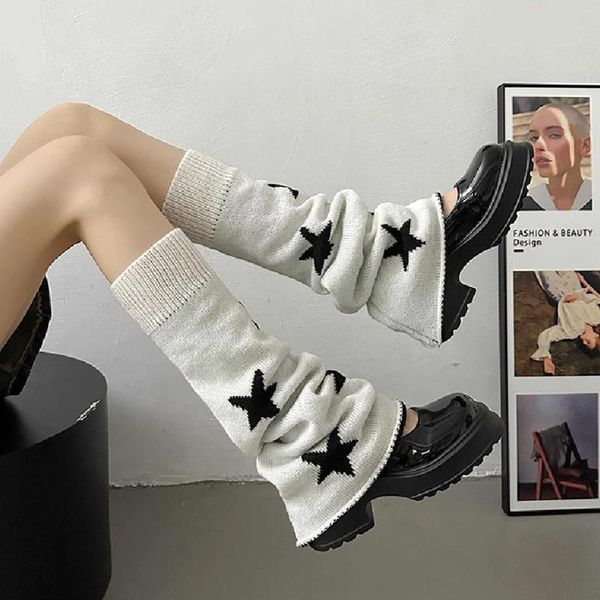 Meias femininas vintage bonito estrela impressão malha joelho botas altas punhos harajuku kawaii desleixado