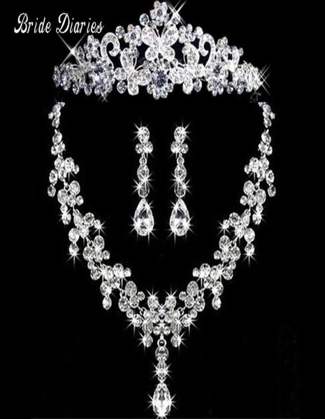 Diari della sposa Colore argento Farfalla di cristallo Tiara Set di gioielli da sposa Collana con strass Orecchini Corone Set D181010022506552