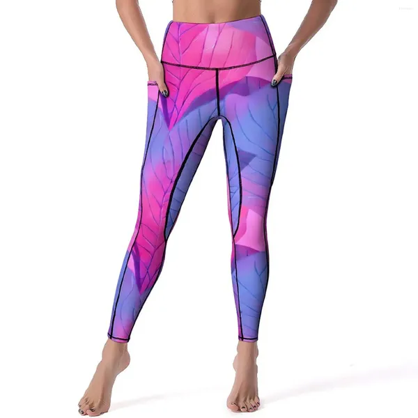 Damen-Leggings, schöne Blatt-Yogahose, sexy rosa und lila Grafik, hohe Taille, Fitness-Leggins, weiblich, elegante Stretch-Sport-Leggings