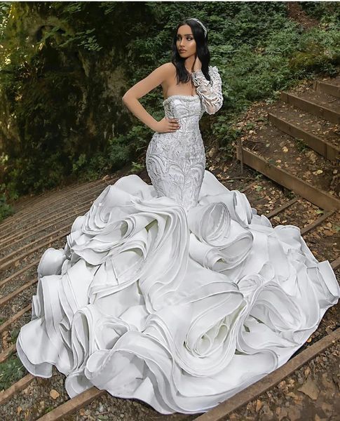 Elegante vestidos de casamento um ombro manga longa sereia vestidos de noiva feitos sob encomenda rendas apliques contas trem varredura vestido de casamento