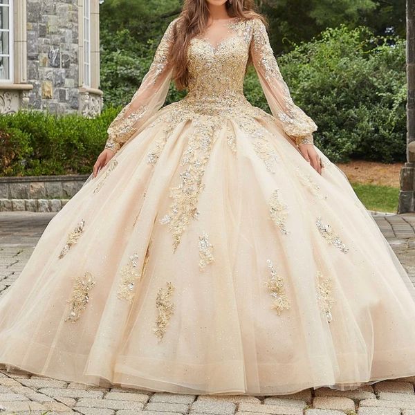 Luxo champanhe quinceanera vestidos de baile apliques rendas contas tull manga longa doce 16 vestido baile festa wear