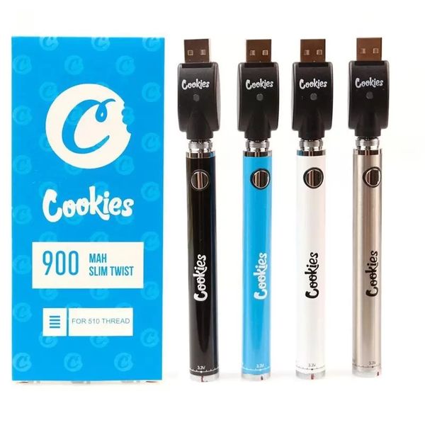 Cookies Slim Twist Battery 3.3V-4.8V Tensão ajustável 900mAh CARREGADOR USB PRESA RECARECIDADE PREAKET 510 THREAD