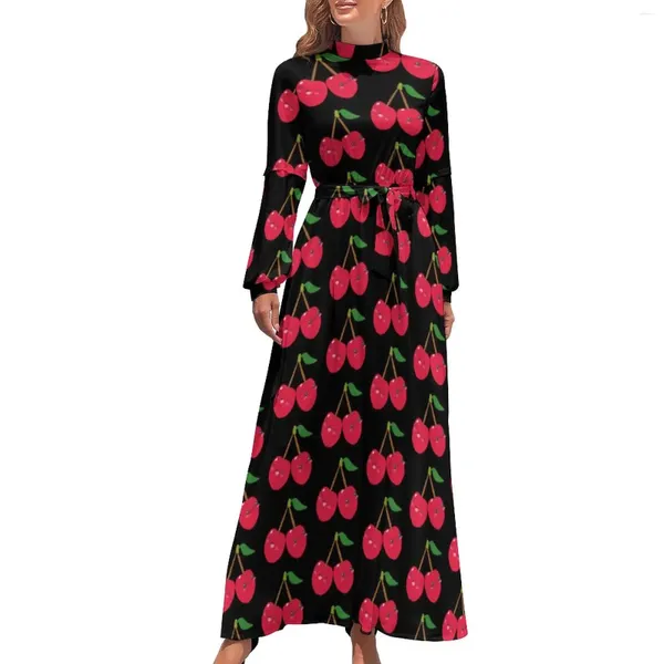 Abiti casual Abito da frutta carino Collo alto Kawaii Happy Cherries Boho Beach Manica lunga Streetwear Maxi abiti eleganti