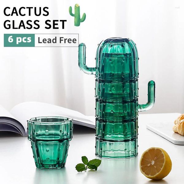 Tazze Creative Cute Teacup Cactus Tazza per acqua in vetro Set da 6 pezzi Tazza impilabile Birra fredda Tazze da caffè Bicchiere