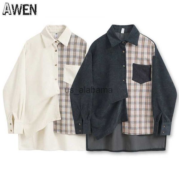 Женские блузкие рубашки Awen Corduroy Splicing Plaid Room для женщин Man Fashion негабаритная кардигана мягкая вельветовая корейская решетка