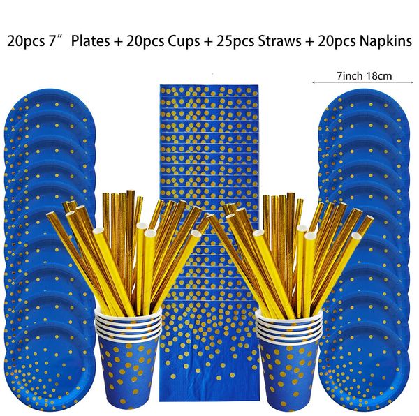 Dinina de jantar descartável Blue Gold Dots Dispositable Tabelware Placas Placas Palhas Copas de guardana