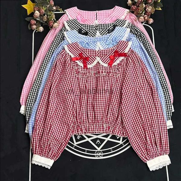 Camicette da donna Camicie Stile Preppy Sweet Lolita Camicette Harajuku Donna Kawaii Fiocco in pizzo Gotico Manica lunga Plaid Camicie JK Girly Y2K Carino Blusas Mujer YQ231214