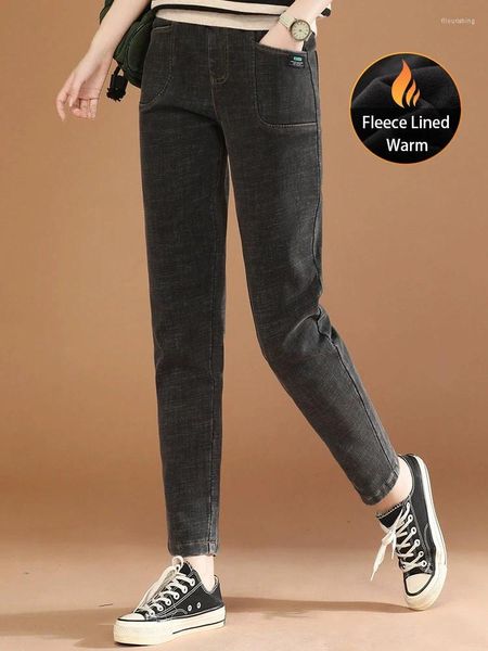 Jeans da donna HCXR Donna 2023 Inverno Retro Grigio Nero Elastico in vita Slim Harem Pant Casual Skinny Foderato in pile Addensare Pantaloni caldi