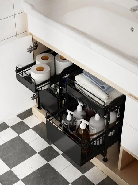 Küchen-Aufbewahrungsschrank, Spülbeckenregal, doppelschichtiger Boden für mobile, ausziehbare Haushaltsschale