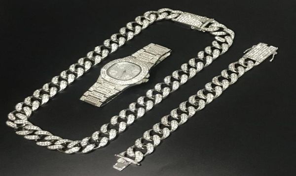 Colar de prata masculino de hip hop, corrente de cristal miami, relógio masculino, conjunto de pulseira, conjunto de combinação de gelo, colar cubano, hip hop para homens 9411748