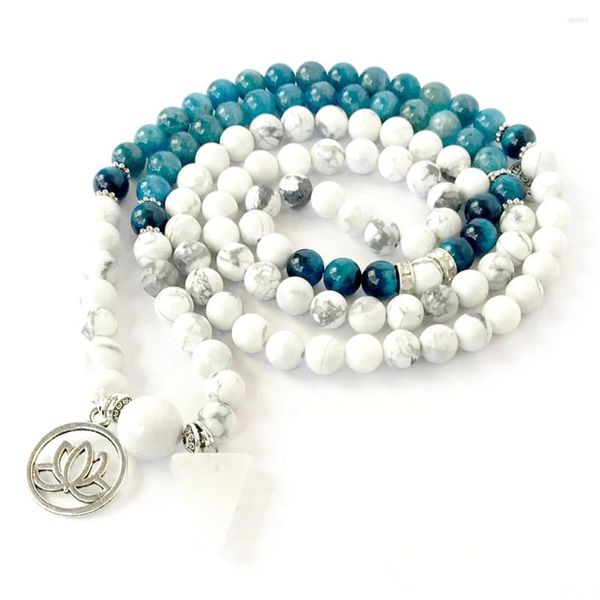 Strand mg0992 design budista mala pulseira meditação yoga 108 lótus charme 6 mm howlite apatita gem pedra jóias