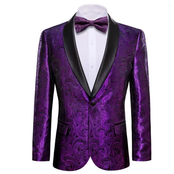Erkekler takım elbise tasarımcısı erkek takım elbise mor paisley ipek blazer bowtie seti zarif smokin ceket ince fit kat düğün damat elbise barry.wang