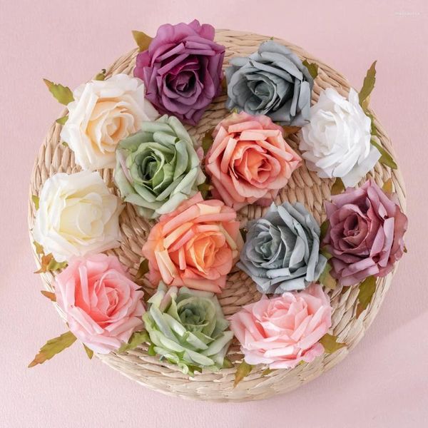 Fiori decorativi Teste di rose artificiali 10 pezzi Rose finte laterali arricciate senza stelo Decorazioni finte Fiore di stoffa di seta