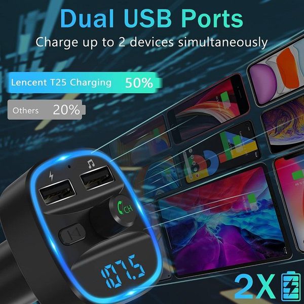 Kit adaptador de carro Bluetooth 5.0 Transmissor FM Rádio sem fio Leitor de música Kits de carros Círculo Azul Luz ambiente Portas USB duplas Carregador mãos livres Chamadas atacado