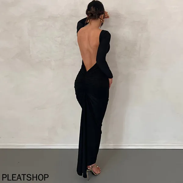 Casual Kleider Rückenfreies Maxikleid Elegantes rotes Langarm Sexy gerafftes Bodyocn Abendparty für Frauen Frühling Slim Weihnachtsoutfits Robe