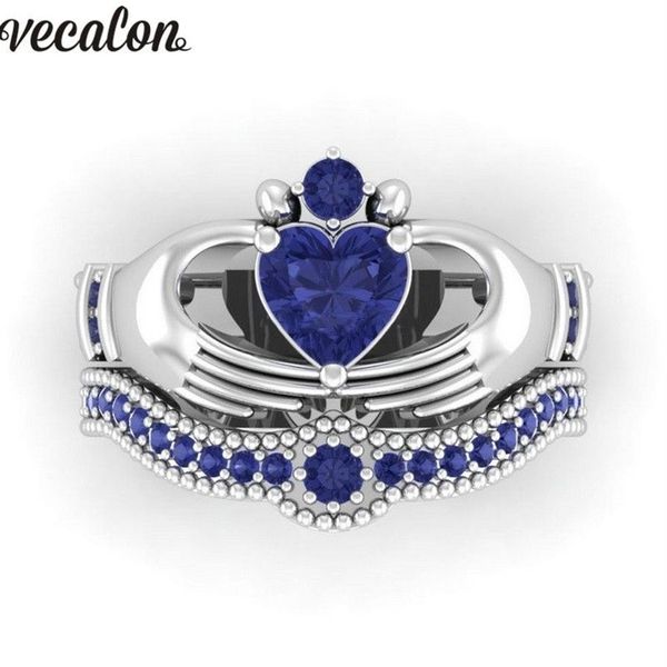 Vecalon Lovers Anello claddagh in pietra portafortuna blu 5A Zircone Cz Anello in oro bianco riempito con fede nuziale di fidanzamento Set per donna uomo Gift283E