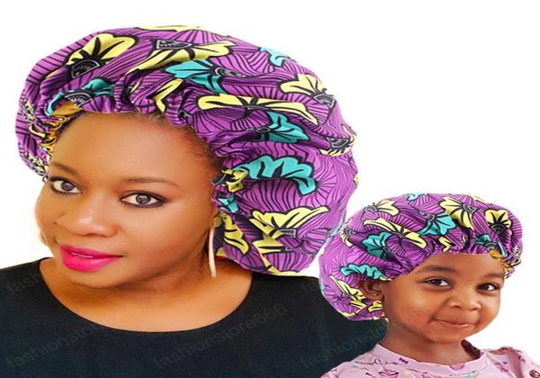 2 pcsset mommy und me satin Motorhaube verstellbare Doppelschicht -Schlafmütze Eltern und Kinder Afrikanische Print Turban Hair Cover Baby Hat1521227