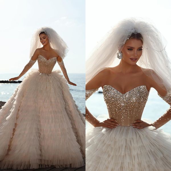 Elegante Rüschen Brautkleider Ballkleid Kristall PEPAPE Spitzenstufte geschwollene Vestido de noiva Custom Made Brautkleid