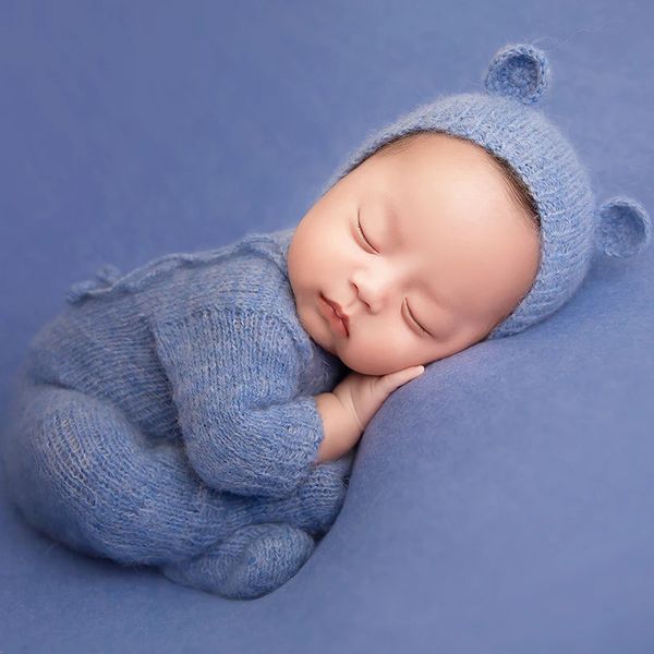 Lembranças nascido Pogal Props Set Macacão Sleepy Hat Bebe Knit Sleeved Outfit Baby Po Wrap Foot Shoot Romper Pijamas Acessórios 231213