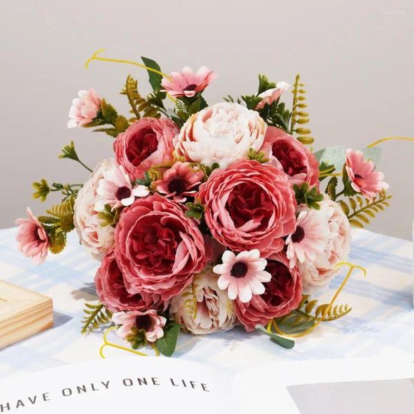Dekoratif çiçekler ipek şakayık yapay papatya yüksek kaliteli kırmızı gelin buket düğün dekor sahte çiçek ev aksesuarları zanaat