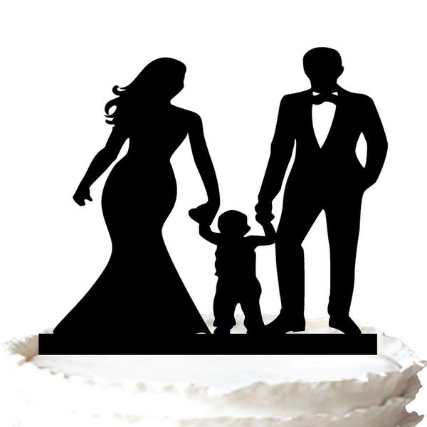 Topper per torta di famiglia - Mano della sposa e dello sposo con il loro simpatico figlio silhouette topper per torta nuziale 37 colori per l'opzione 303r