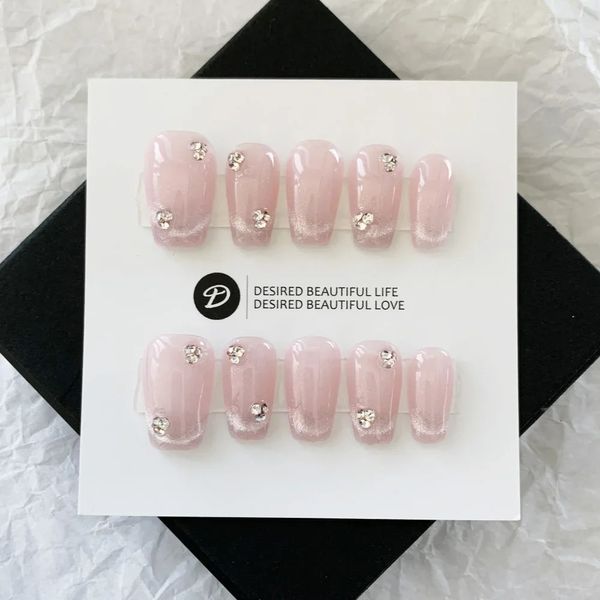 Künstliche Nägel, handgefertigt, rosa, zum Aufdrücken der Nägel, kurzes koreanisches Katzenaugen-Design, wiederverwendbare selbstklebende künstliche Nägel, künstliche Acryl-Nagelspitzen mit vollständiger Abdeckung, 231214