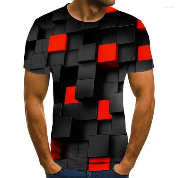 Camiseta masculina verão moda verificador geométrico visual 3d impressão digital solta em torno do pescoço manga curta camiseta